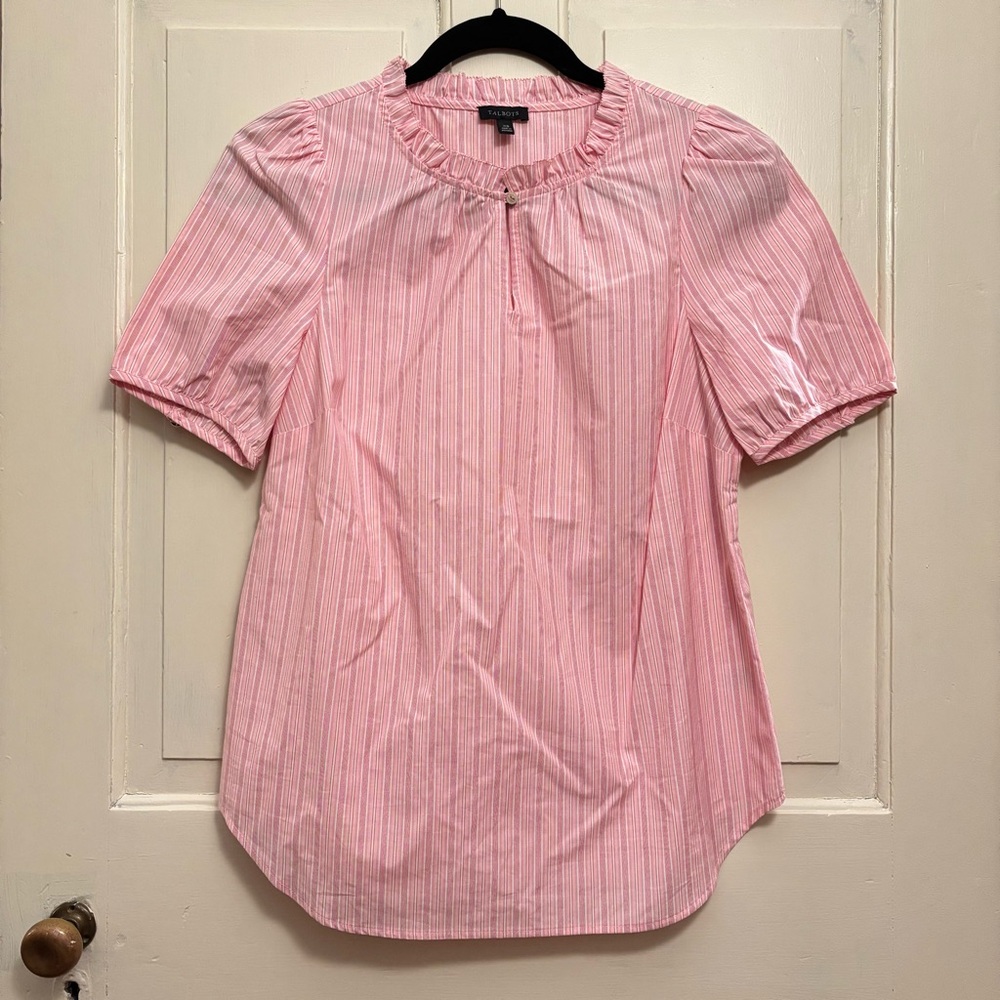 NWOT Talbots Stripe Short Sleeve Cotton Poplin Blouse, size XS